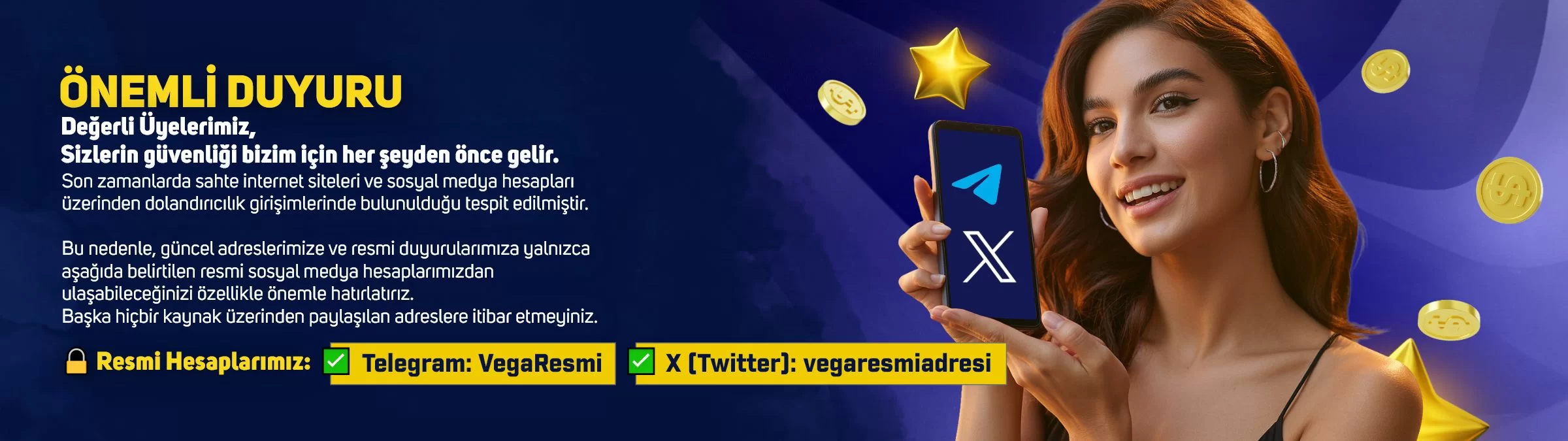 Vegabet resmi Telegram kanalları ve duyuru görseli